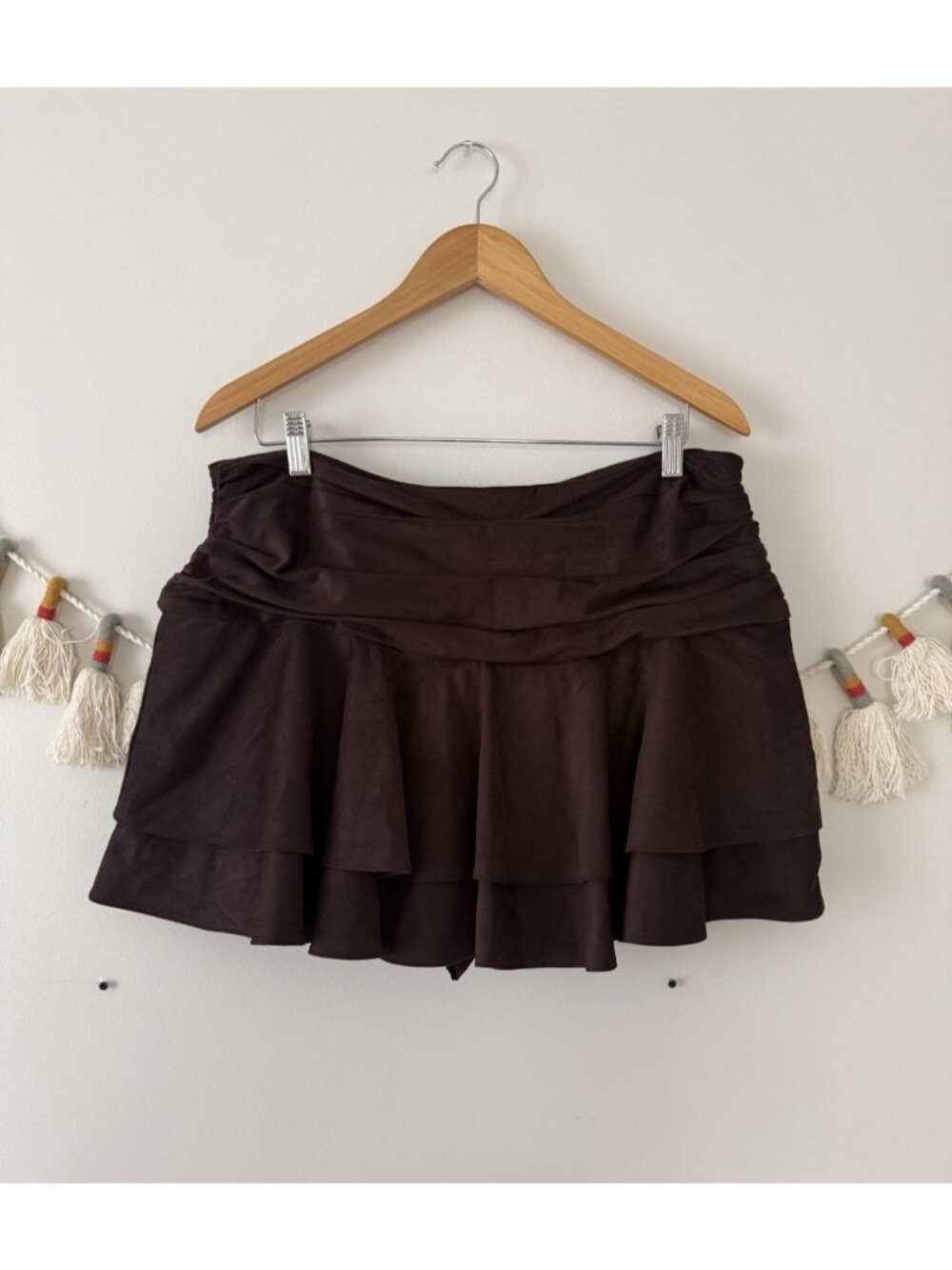 Zara Velvet Chocolate Brown Ruffled Skort Mini Lined Low Rise Milkmaid Preppy XL